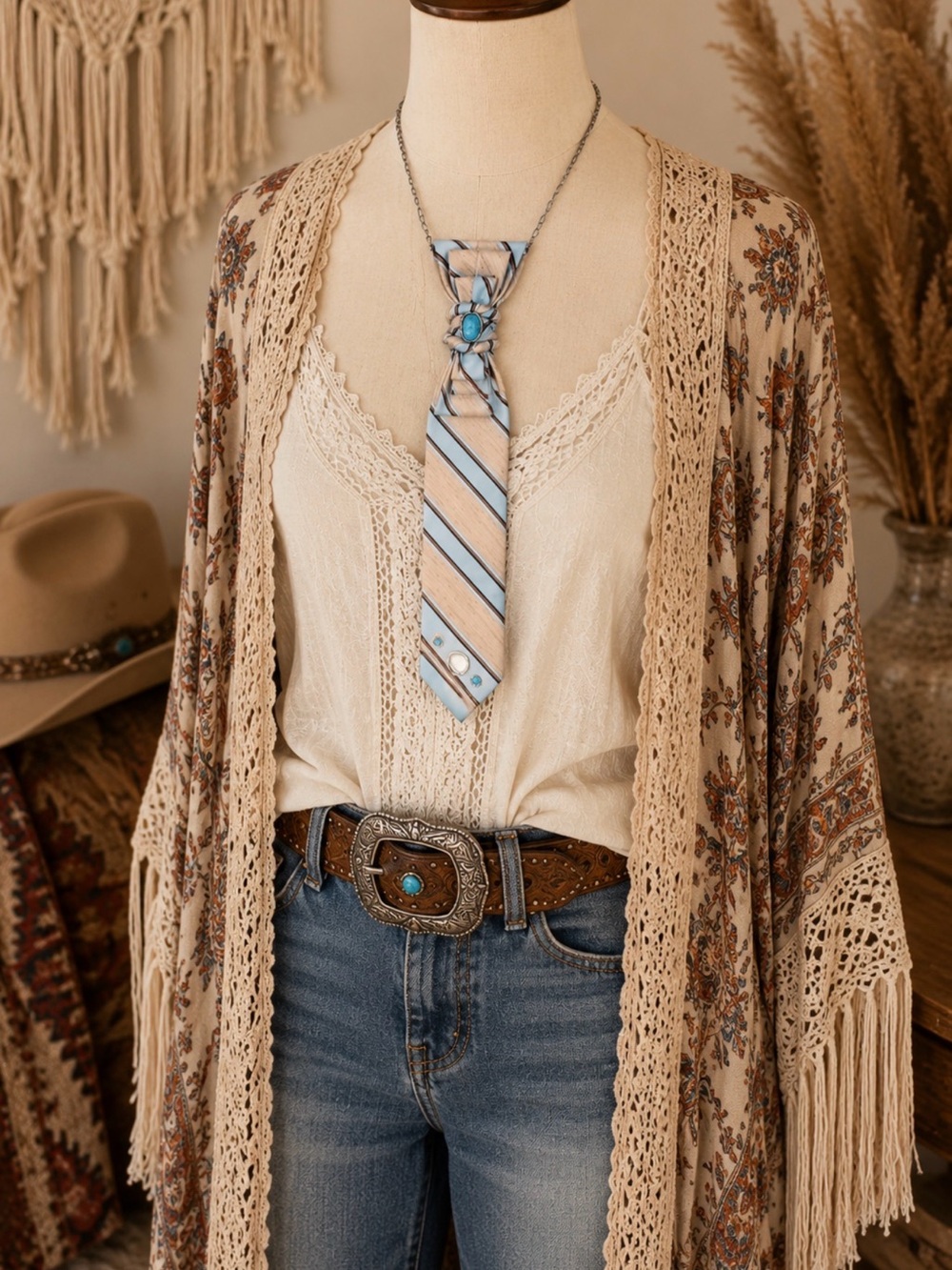 Western Boho Turquoise Necktie Necklace Vintage Striped Tie Chic Back to School